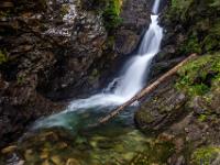 Baumstamm in Becken vor unteren schmalen Riesach Wasserfällen